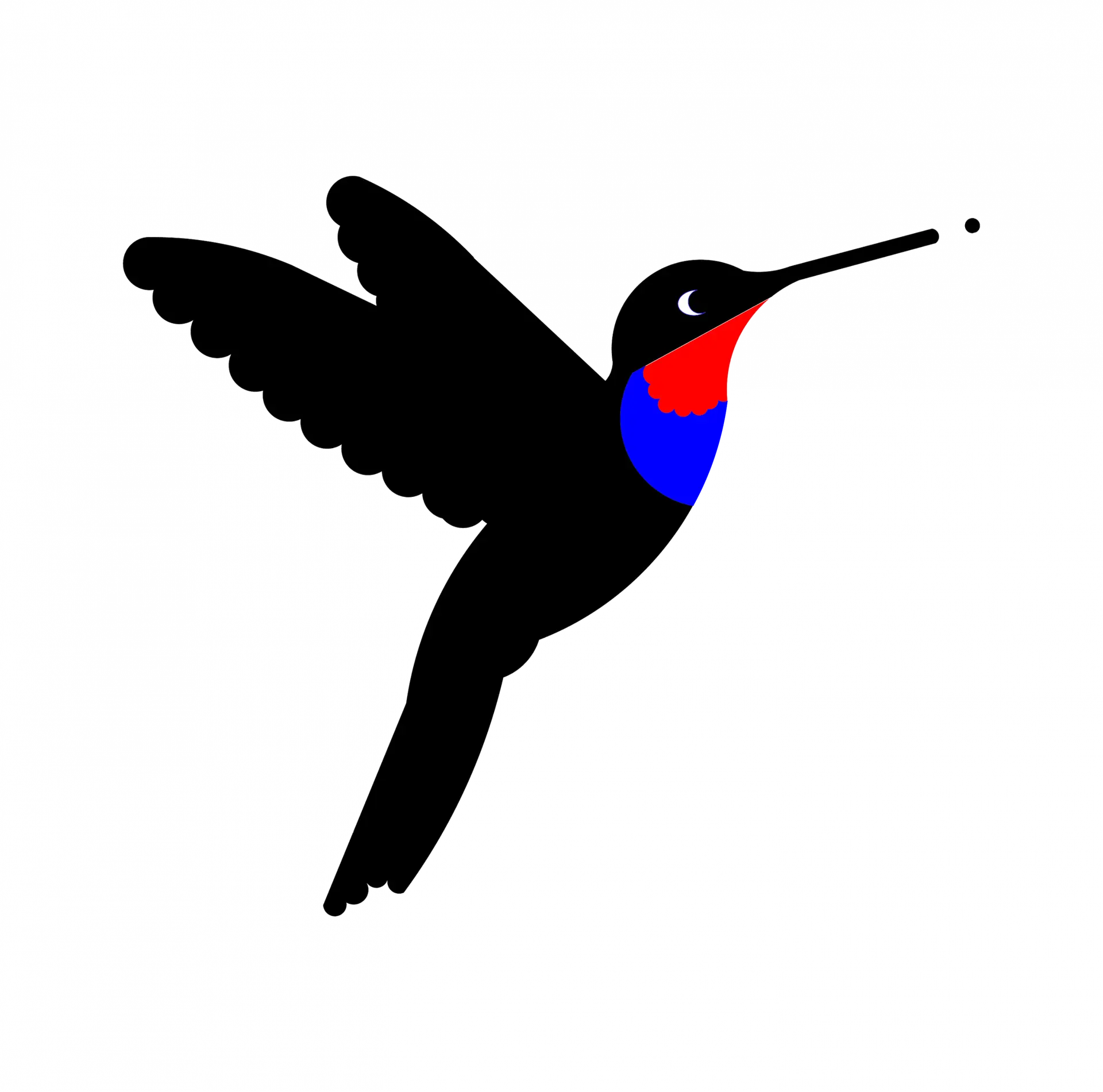 Hummingbird-white background | Colibrie Colibrie Logo without text : Stylized black bird in flight with outstretched wings, blue belly and red chest against a transparent background.