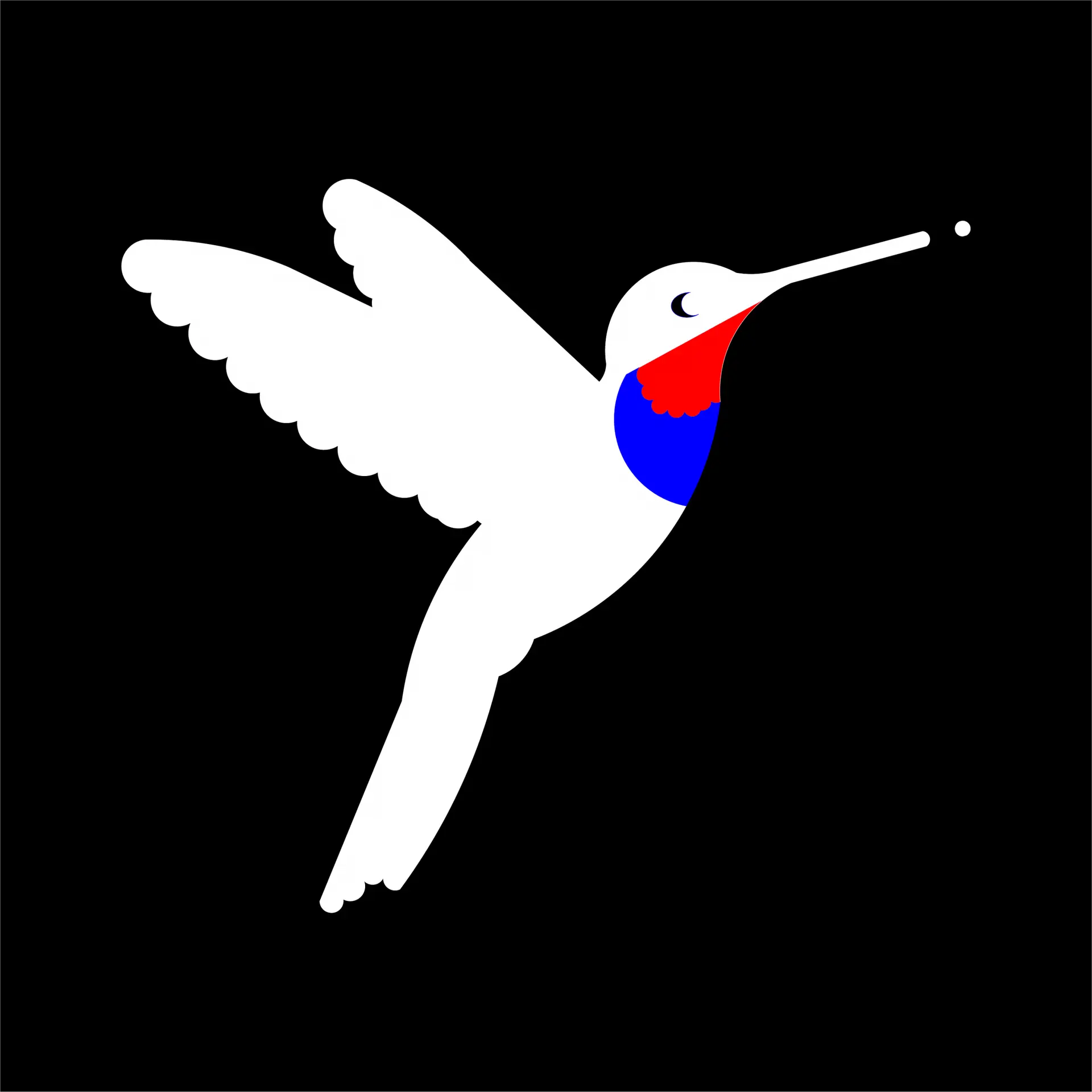 Logo Colibrie sans texte : Oiseau noir stylisé en vol avec des ailes tendues, un ventre bleu et une poitrine rouge sur un fond transparent.